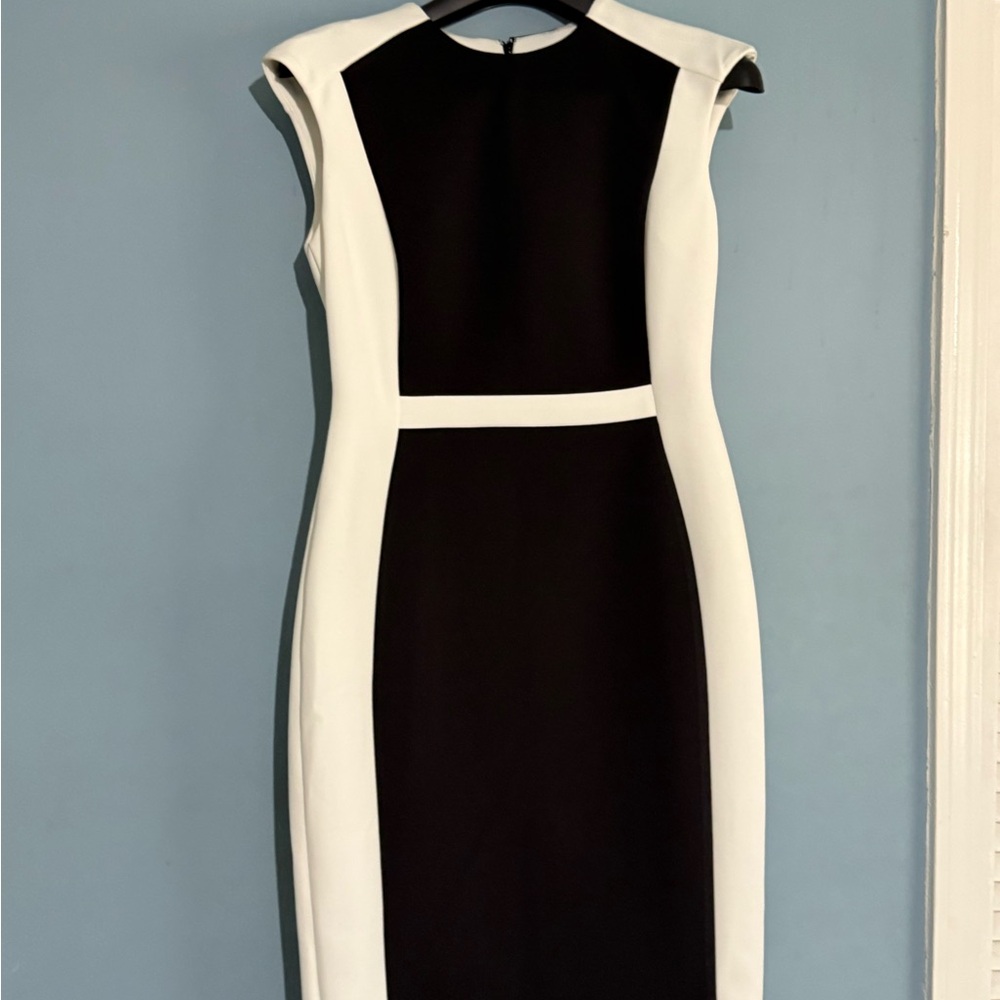Calvin Klein Black and Cream Sheath Midi Dress Crew Neck
